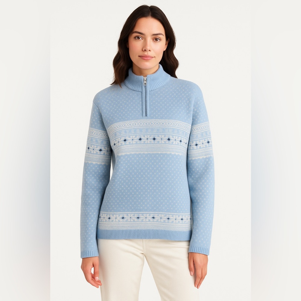 Burla Women’s Nordic 1/4 Zip Sweater Wool Blend Snowflake  Blue Cream Size Small